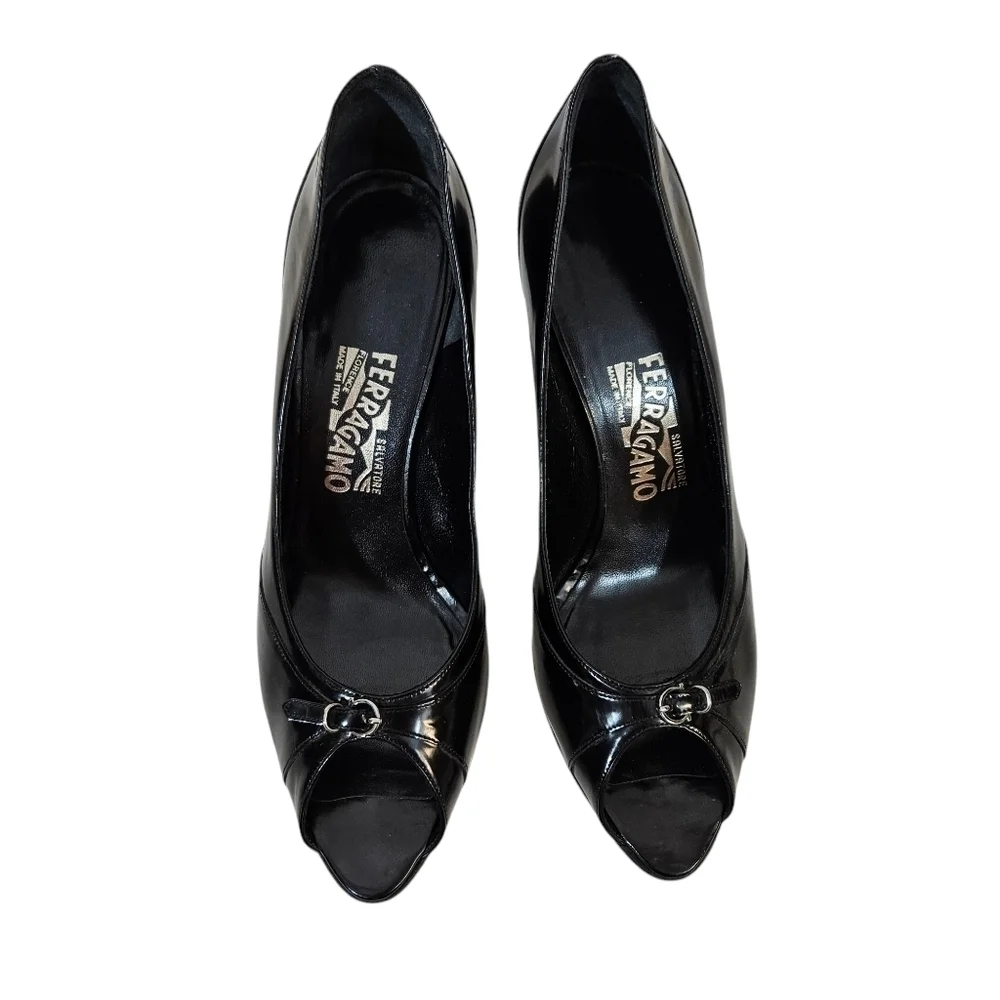 Ferragamo Black Leather Open Toed Heels